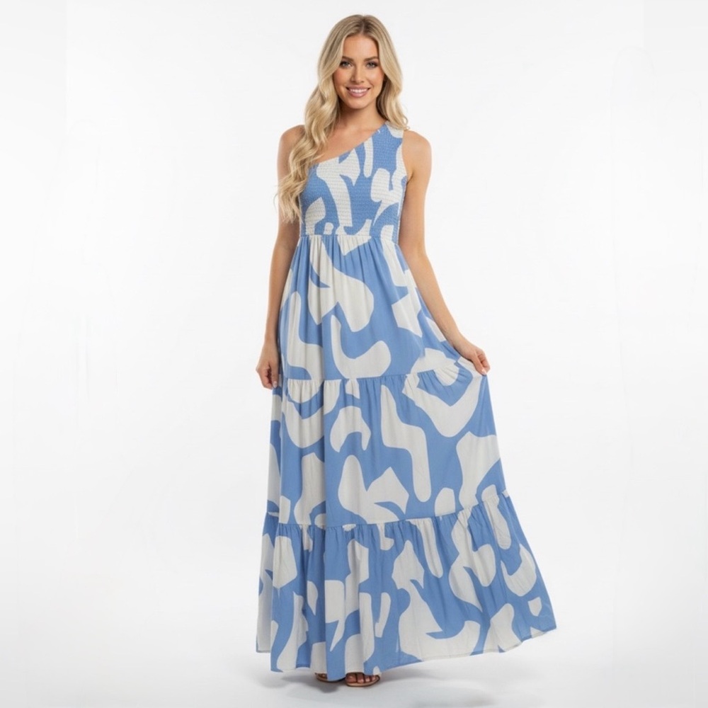 Abel the Label Anthropologie Blue One Shoulder Maxi Dress